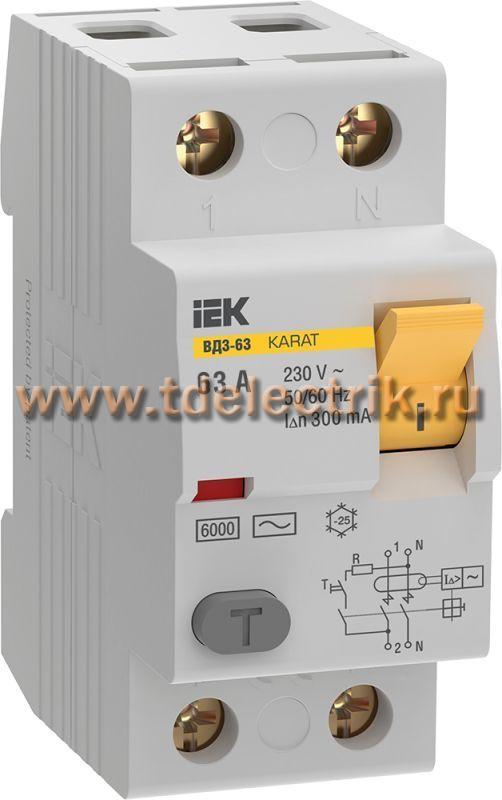 Фотография №1, Выключатель дифференциального тока (УЗО) KARAT ВД3-63 2P 63А 300мА 6кА тип AC IEK