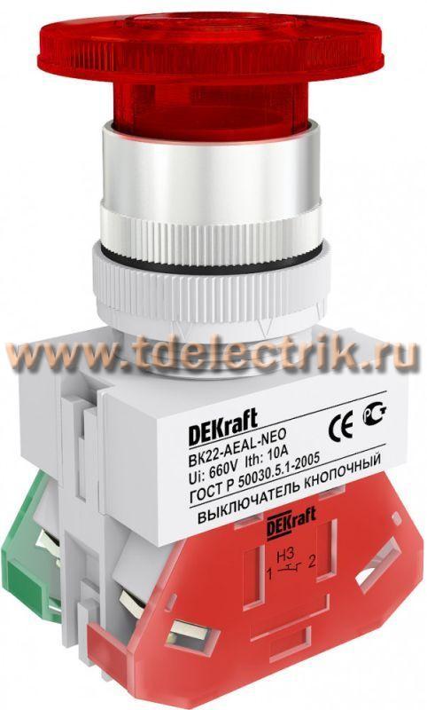 Фотография №1, Выключатель кнопочный грибок с фикс. AEAL 22 мм 1НО+1НЗ, красный DEKraft