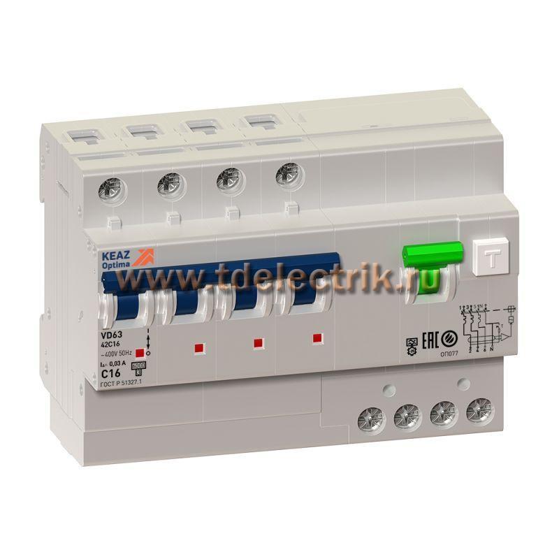 Фотография №1, Выключатель автоматический дифференциальный АВДТ с защитой от сверхтоков OptiDin VD63-43C63-A-УХЛ4  (4P, C63, 100mA)