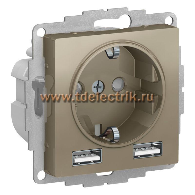 Фотография №1, ATLASDESIGN Розетка 16А c 2 USB A+A  5В/2 4А  2х5В/1 2А  механизм  шампань
