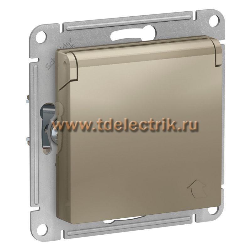 Фотография №1, ATLASDESIGN Розетка с заземл. со шторк. с крышкой  16А  IP20  механизм  шампань