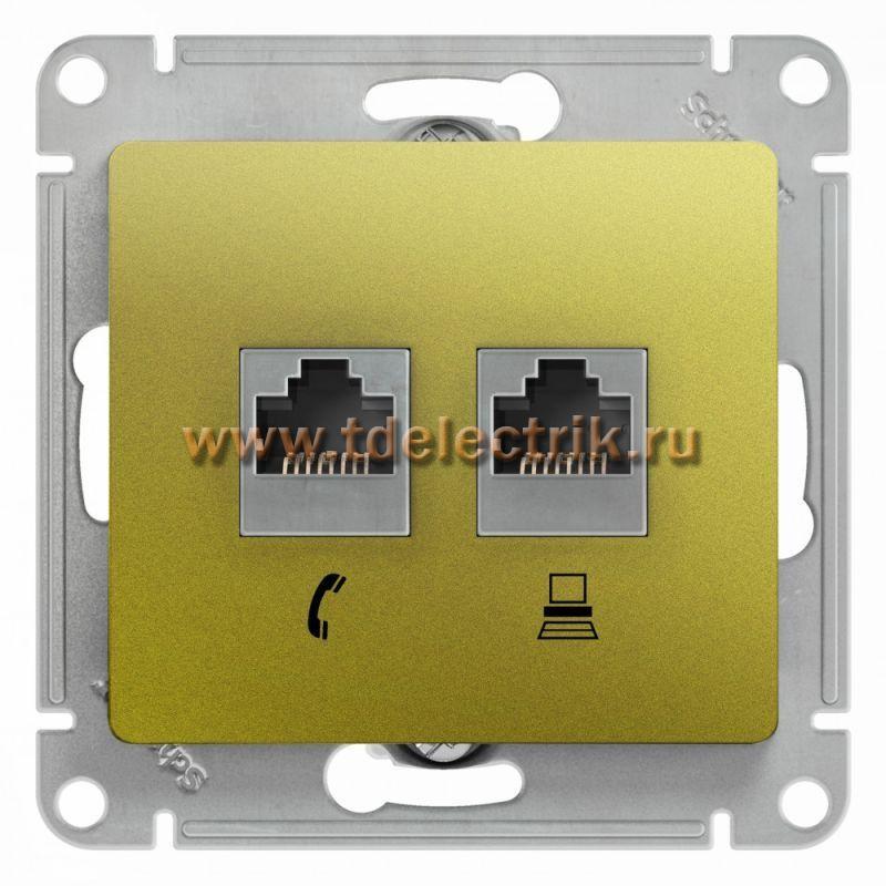 Фотография №1, GLOSSA РОЗЕТКА двойная RJ11+RJ45 кат.5Eмеханизм ФИСТАШКОВЫЙ
