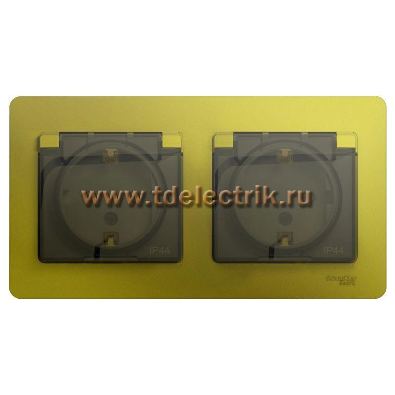 Фотография №1, GLOSSA РОЗЕТКА двойная с заземлением со шторками в сборе IP44 ФИСТАШКОВЫЙ