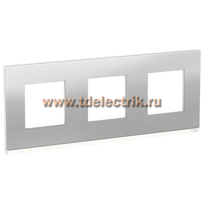 Фотография №1, UNICA PURE рамка 3-поста, горизонтальная, алюминий МАТОВЫЙ/белый