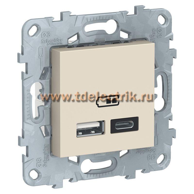 Фотография №1, UNICA NEW РОЗЕТКА USB, 2-местная, тип А+С, 5 В / 2400 мА, БЕЖЕВЫЙ