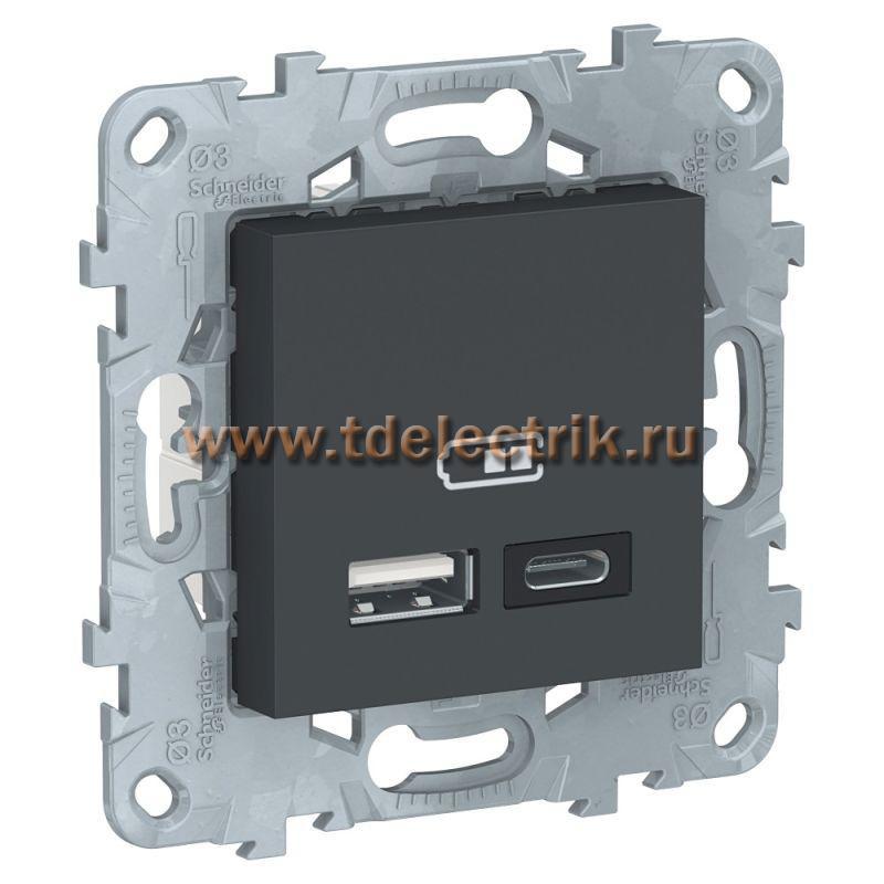 Фотография №1, UNICA NEW РОЗЕТКА USB, 2-местная, тип А+С, 5 В / 2400 мА, АНТРАЦИТ