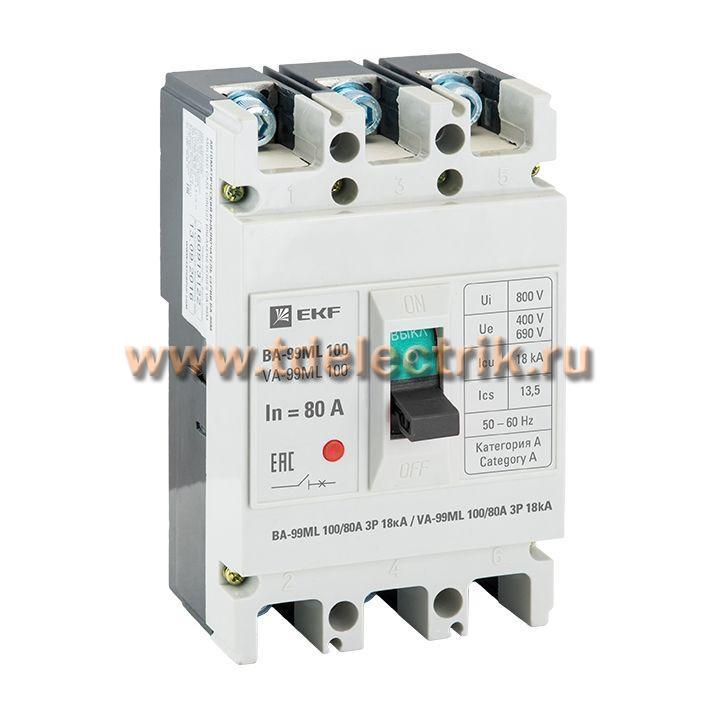Фотография №1, Автоматический выключатель ВА-99МL  100/ 80А 3P 18кА EKF Basic