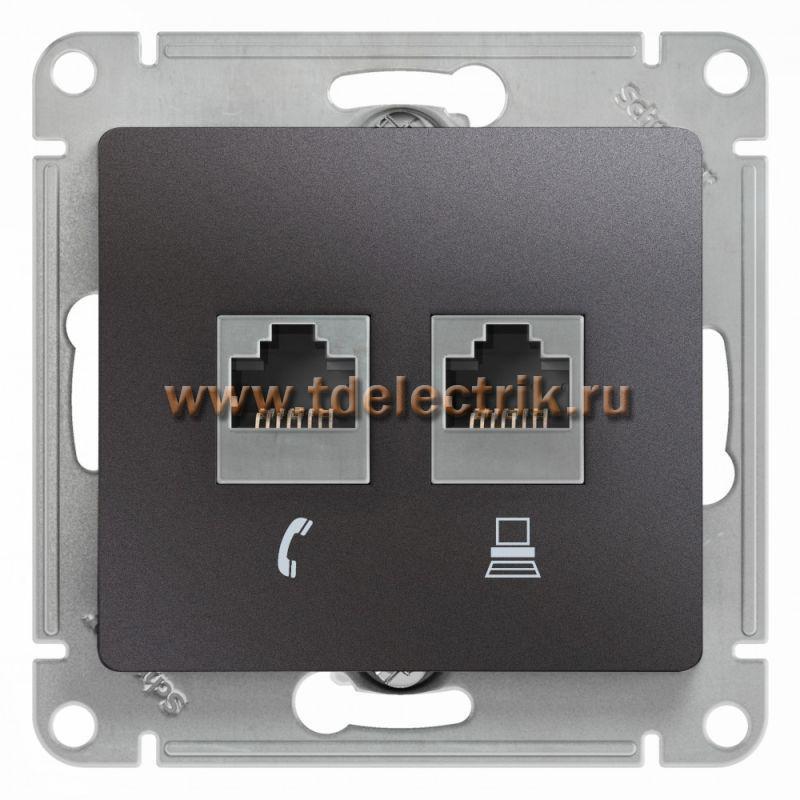 Фотография №1, GLOSSA РОЗЕТКА двойная RJ11+RJ45 кат.5Eмеханизм ГРАФИТ