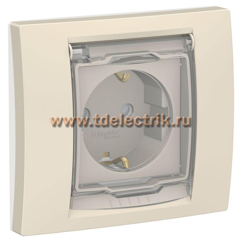 Фотография №1, UNICA NEW розетка с заземл., со шторками, с крышкой, IP44, бежевый