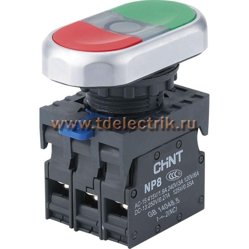 Фотография №1, Двойная, кнопка NP8-02SD/3 зеленый, AC110-230В(LED), 2НЗ, IP65 (R)