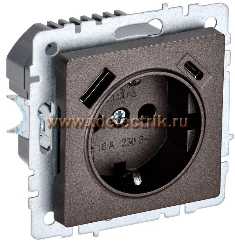 Фотография №1, BRITE Розетка с з/к/ш 16А с USB A+C 18Вт РЮш11-1-БрТБ бр. IEK