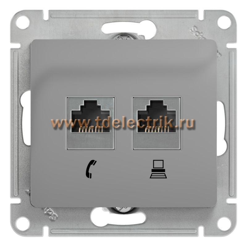 Фотография №1, GLOSSA РОЗЕТКА двойная RJ11+RJ45 кат.5E механизм АЛЮМИНИЙ