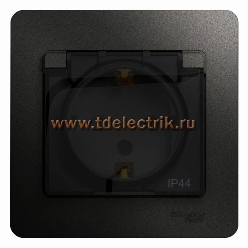 Фотография №1, GLOSSA РОЗЕТКА с заземлением со шторкамис крышкой IP44 в сборе АНТРАЦИТ