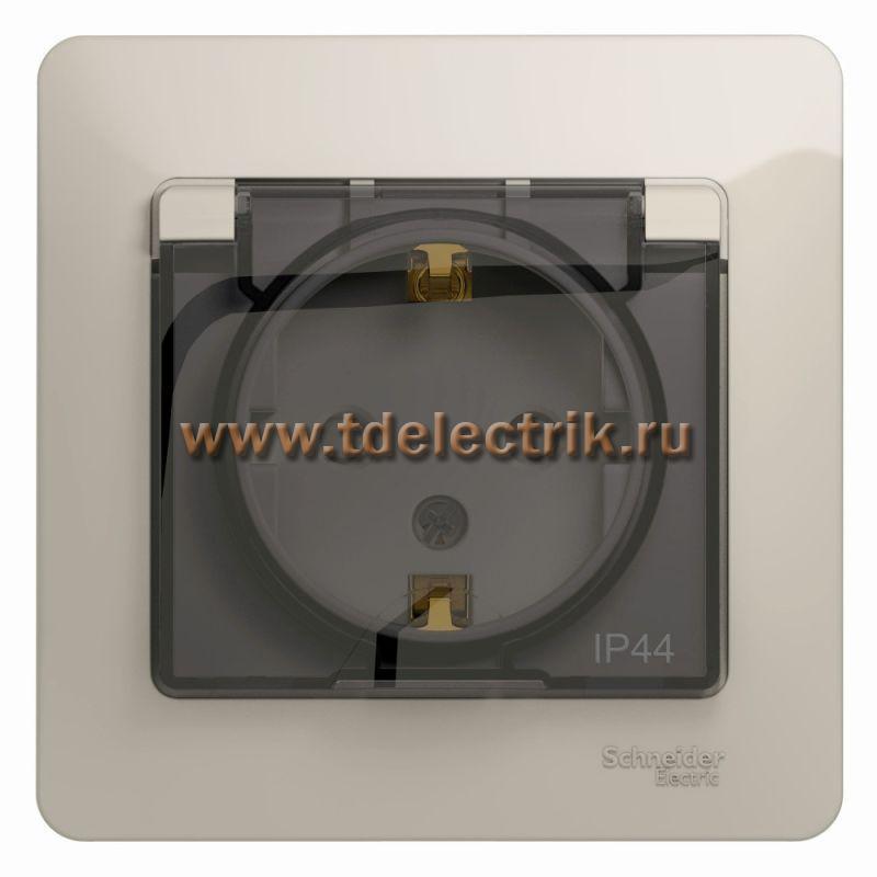 Фотография №1, GLOSSA РОЗЕТКА с зазем. со шторками с крышкойIP4416А 250В в сбореМОЛОЧНЫЙ