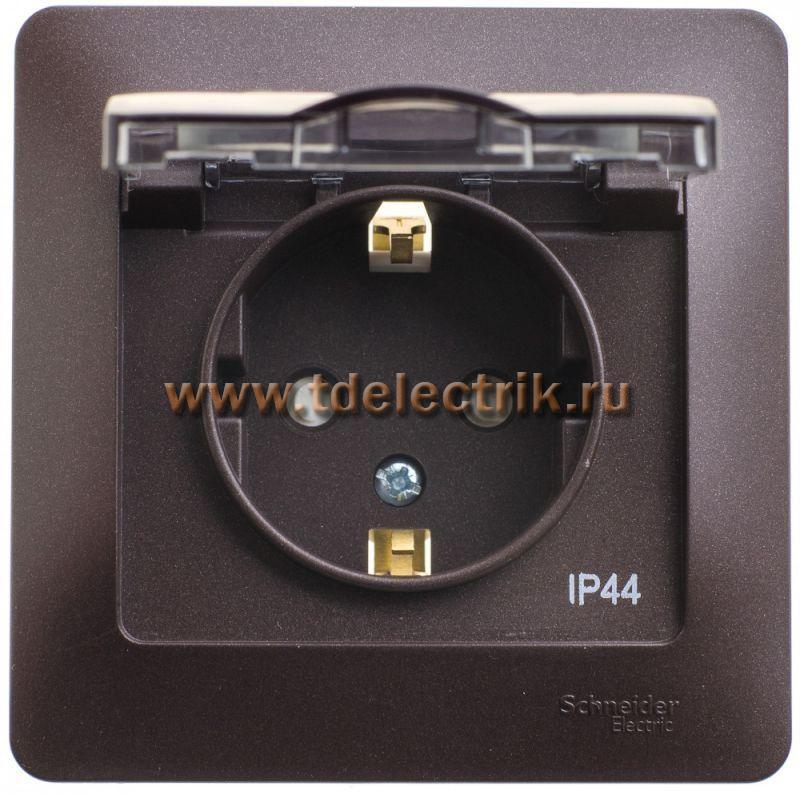 Фотография №1, GLOSSA РОЗЕТКА с заземлением со шторками с крышкой в сборе16А IP44ШОКОЛАД