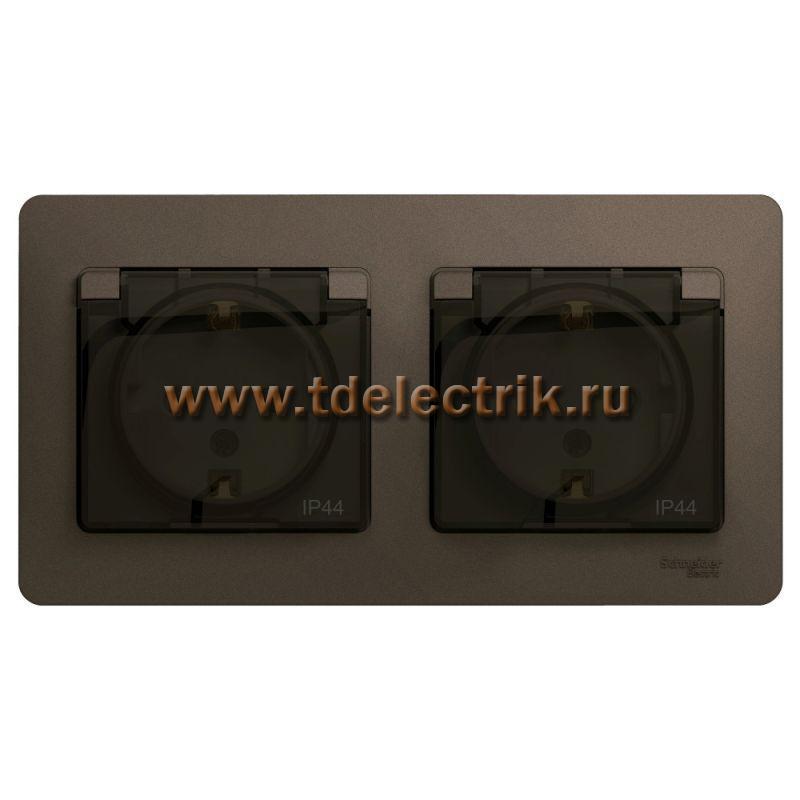 Фотография №1, GLOSSA РОЗЕТКА двойная с заземлением со шторками в сборе IP44 ШОКОЛАД