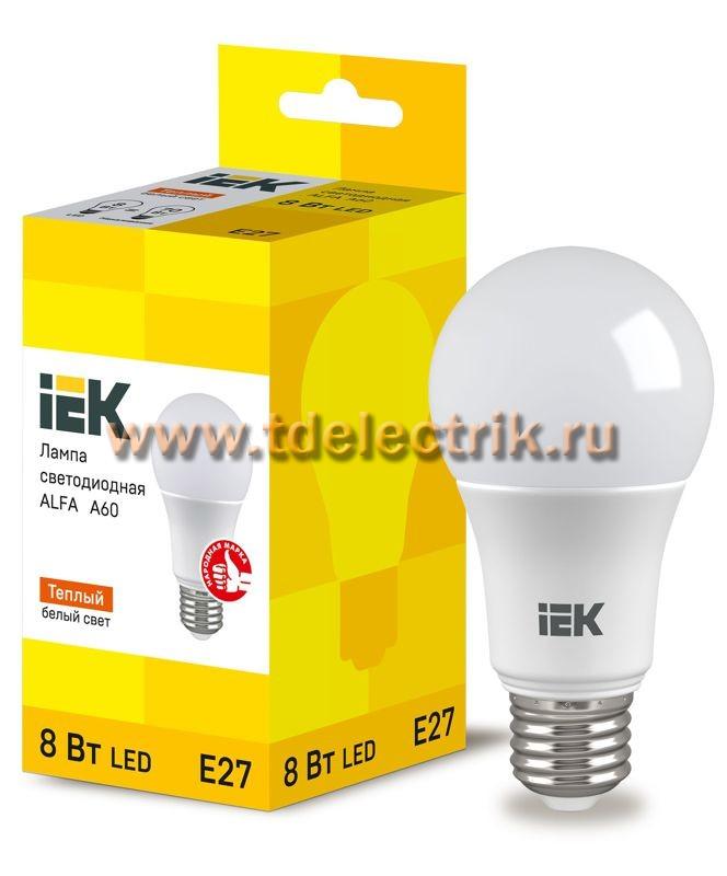 Фотография №1, Лампа LED ALFA A60 груша 8Вт 230В 3000К E27 (6шт) IEK