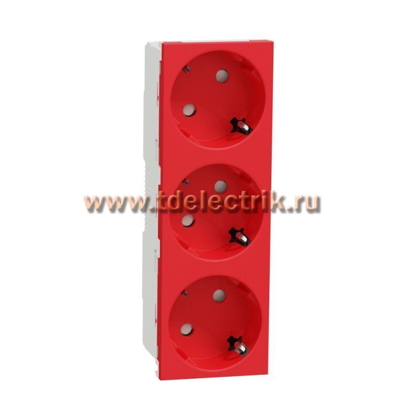 Фотография №1, Unica Modular Розетка 3х(2К+З) 45гр, шторки, безвинтовые клеммы КРАСНАЯ