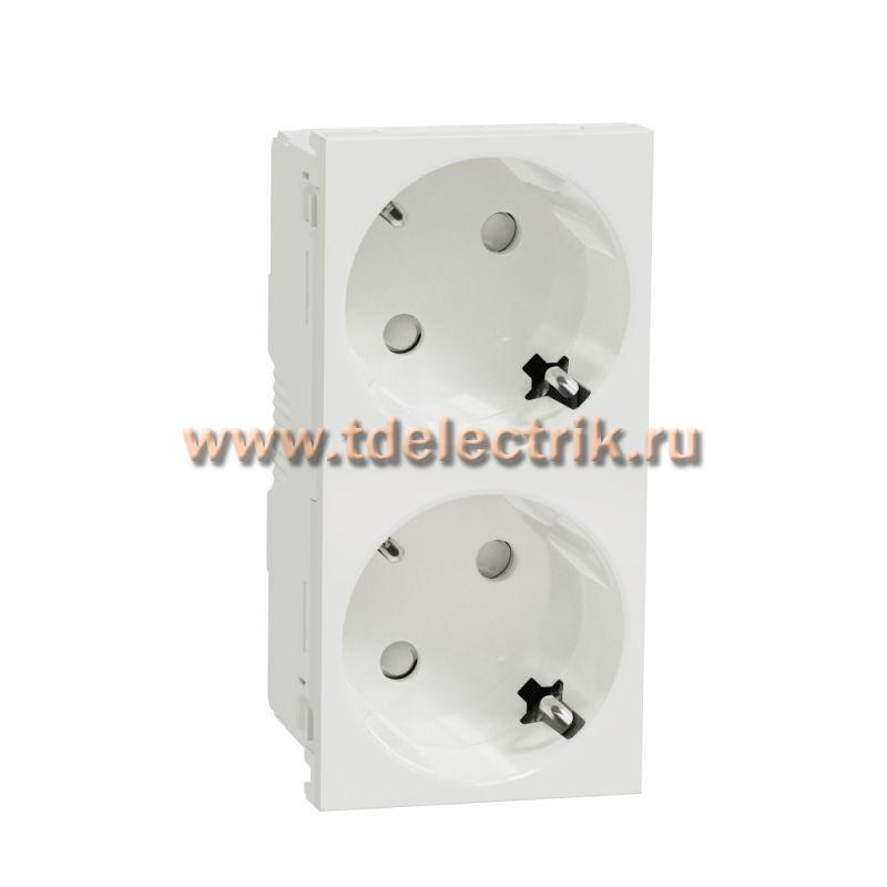 Фотография №1, Unica Modular Розетка 2х(2К+З) 45гр, шторки, безвинтовые клеммы БЕЛАЯ