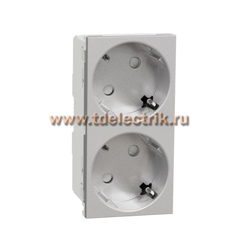 Фотография №1, Unica Modular Розетка 2х(2К+З) 45гр, шторки, безвинтовые клеммы АЛЮМИНИЙ