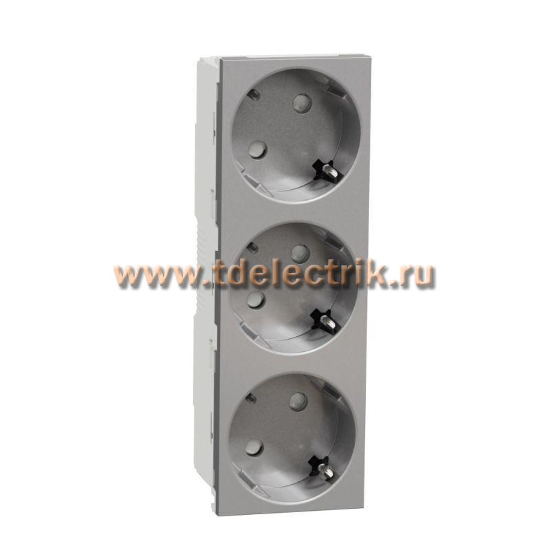 Фотография №1, Unica Modular Розетка 3х(2К+З) 45гр, шторки, безвинтовые клеммы АЛЮМИНИЙ