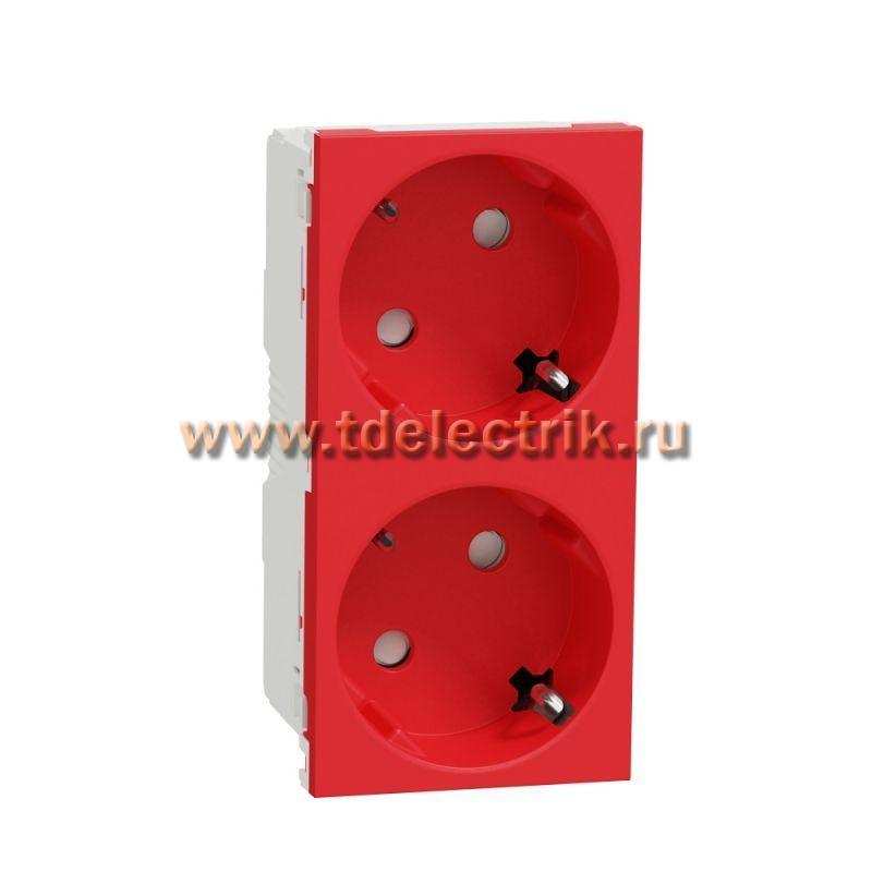 Фотография №1, Unica Modular Розетка 2х(2К+З) 45гр, шторки, безвинтовые клеммы КРАСНАЯ