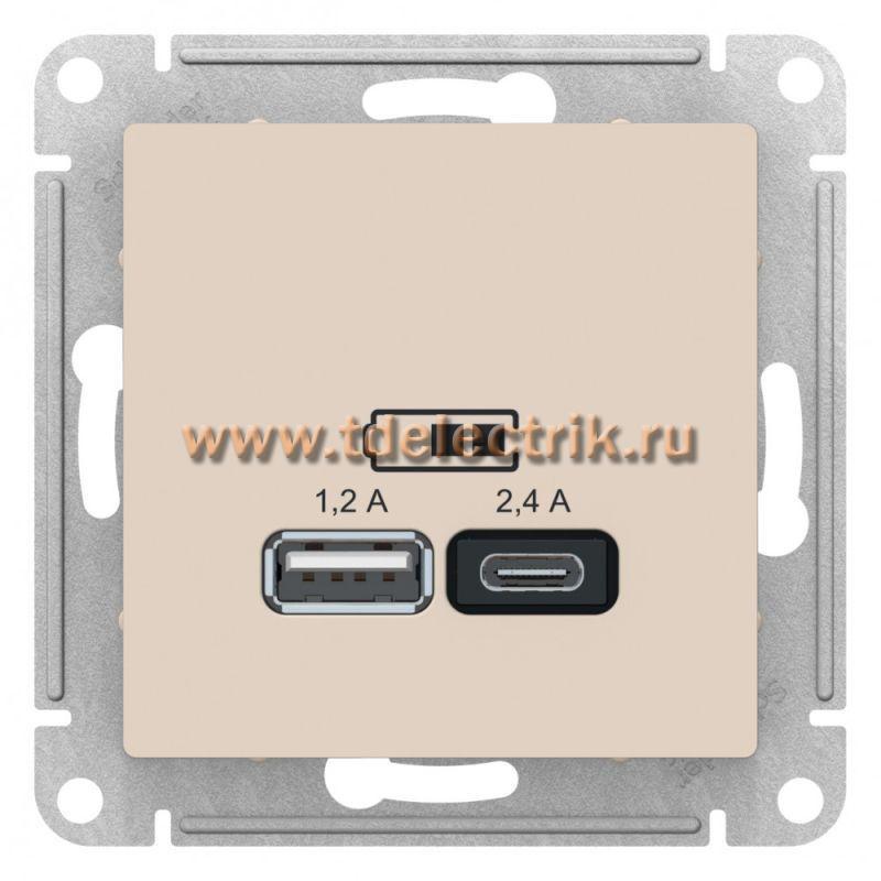 Фотография №1, ATLASDESIGN USB Розетка A+С  5В/2 4А  2х5В/1 2А  механизм  бежевый