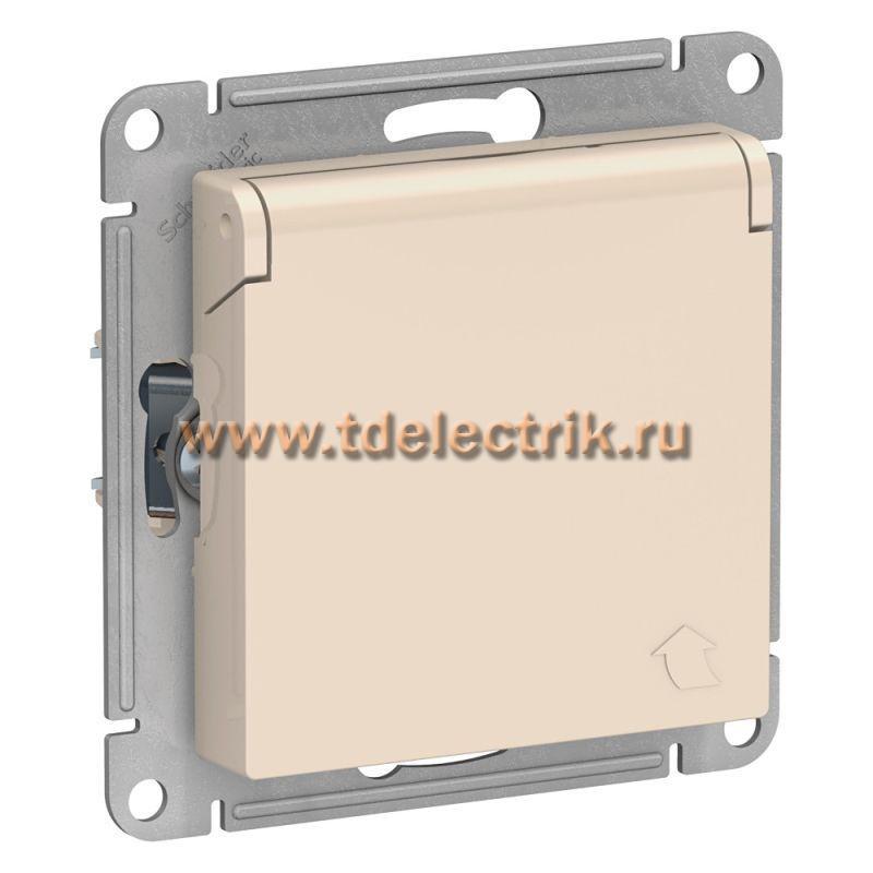 Фотография №1, ATLASDESIGN Розетка с заземл. со шторк. с крышкой  16А  IP20  механизм  бежевый