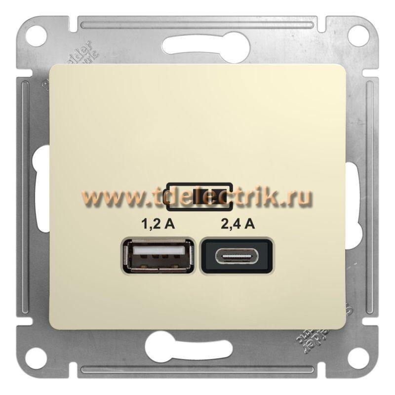 Фотография №1, GLOSSA USB РОЗЕТКА A+С 5В/24А 2х5В/12 А механизм БЕЖЕВЫЙ