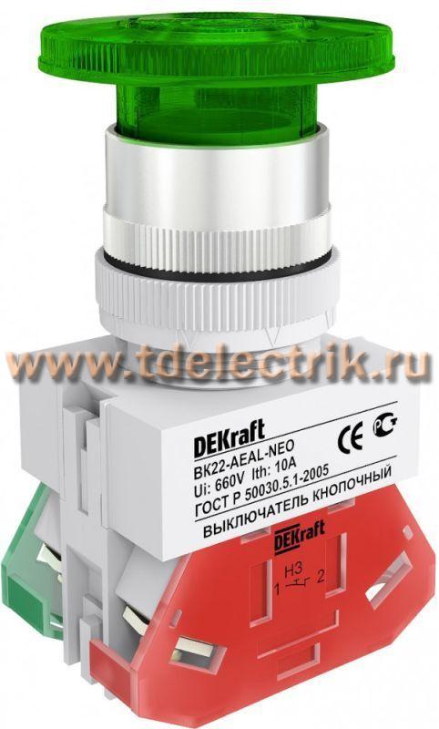 Фотография №1, Выключатель кнопочный грибок с фикс. AEAL 22 мм зеленый DEKraft