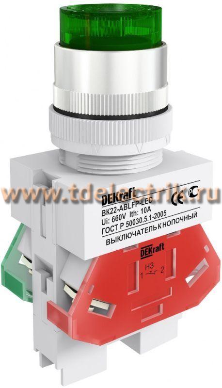 Фотография №1, Выключатель кнопочный ABLFP 22 мм зеленый LED 220В ВK22 DEKraft