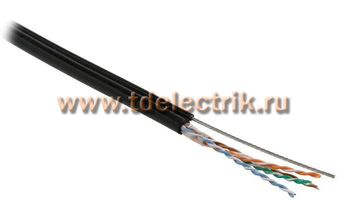 Фотография №1, Hyperline UUTP4-C5E-S24-SW-OUT-PE-BK-500 (500 м) Кабель витая пара U/UTP кат.5e 4 пары (24 AWG) одножильн. (solid) с металл. тросом внешний PE -40°C - +60°C черный - гарантия: 15 лет компонентная