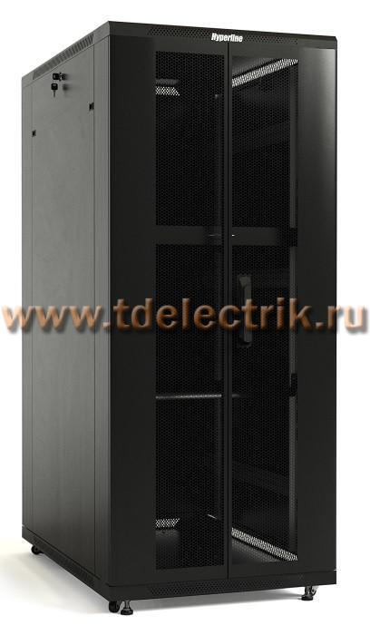 Фотография №1, Hyperline TTB-2766-DD-RAL9004 Шкаф напольный 19-дюймовый, 27U, 1388x600х600 мм (ВхШхГ), передняя и задняя распашные перфорированные двери (75%), ручка с замком, крыша нового типа, цвет черный (RAL 9004) (разобранный)