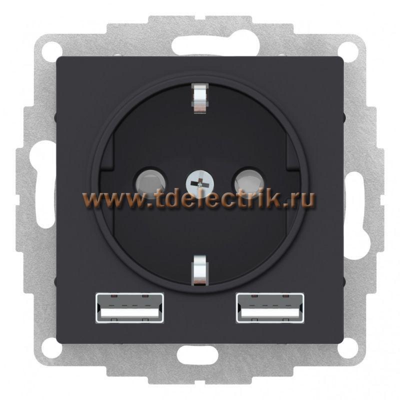 Фотография №1, ATLASDESIGN Розетка 16А c 2 USB A+A  5В/2 4А  2х5В/1 2 А  механизм  карбон