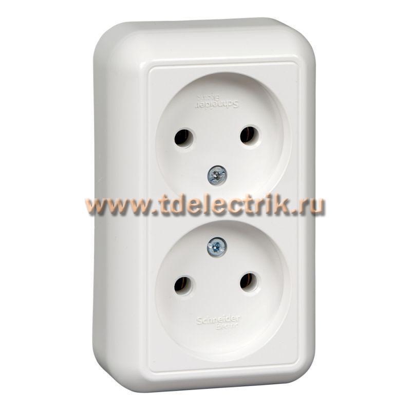 Фотография №1, ПРИМА О/У РОЗЕТКА 2-я без зазем. без штор.МОНТ.ПЛ.16А 250В, БЕЛЫЙ,опт.уп.Россия