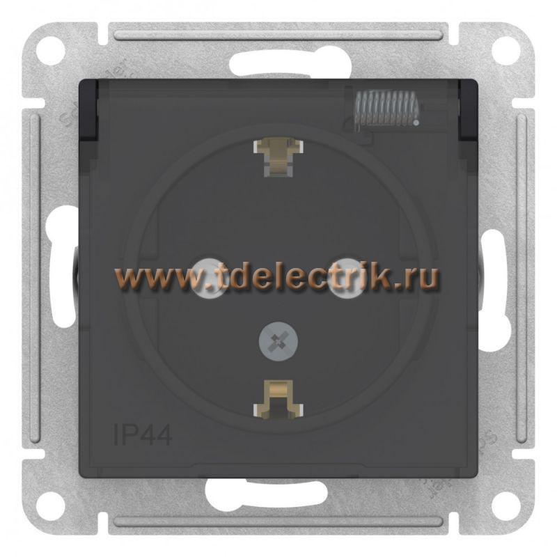 Фотография №1, ATLASDESIGN AQUA Розетка с заземл. со шт. с прозрач. крышк  16А IP44  мех карбон