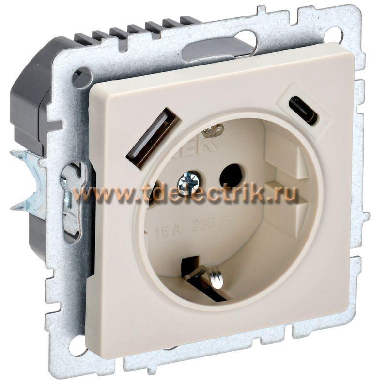 Фотография №1, BRITE Розетка с з/к/ш 16А с USB A+C 18Вт РЮш11-1-БрКр беж. IEK