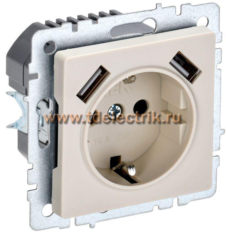 Фотография №1, BRITE Розетка с з/к/ш 16А с USB A+A 2,1А РЮш10-1-БрКр беж. IEK