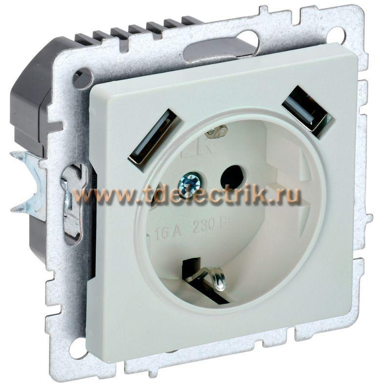 Фотография №1, BRITE Розетка с з/к/ш 16А с USB A+A 2,1А РЮш10-1-БрЖ жемч. IEK