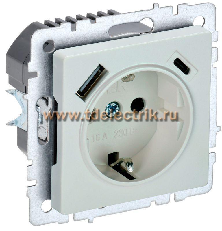 Фотография №1, BRITE Розетка с з/к/ш 16А с USB A+C 18Вт РЮш11-1-БрЖ жемч. IEK