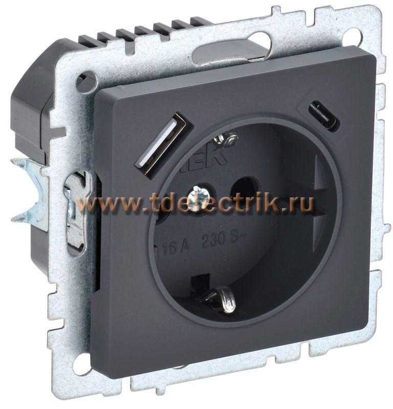 Фотография №1, BRITE Розетка с з/к/ш 16А с USB A+C 18Вт РЮш11-1-БрГ граф. IEK