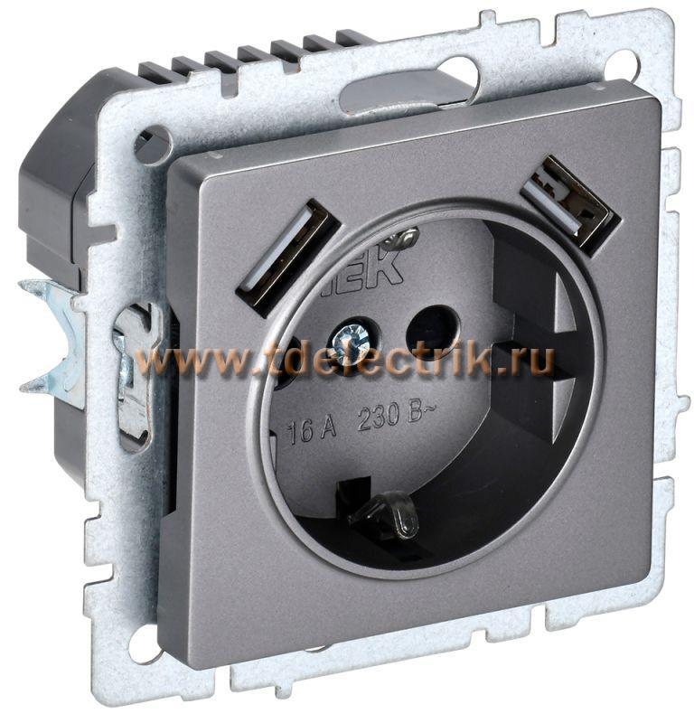 Фотография №1, BRITE Розетка с з/к/ш 16А с USB A+A 3,1А РЮш10-2-БрС сталь IEK