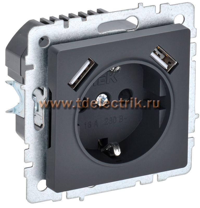 Фотография №1, BRITE Розетка с з/к/ш 16А с USB A+A 3,1А РЮш10-2-БрГ граф. IEK