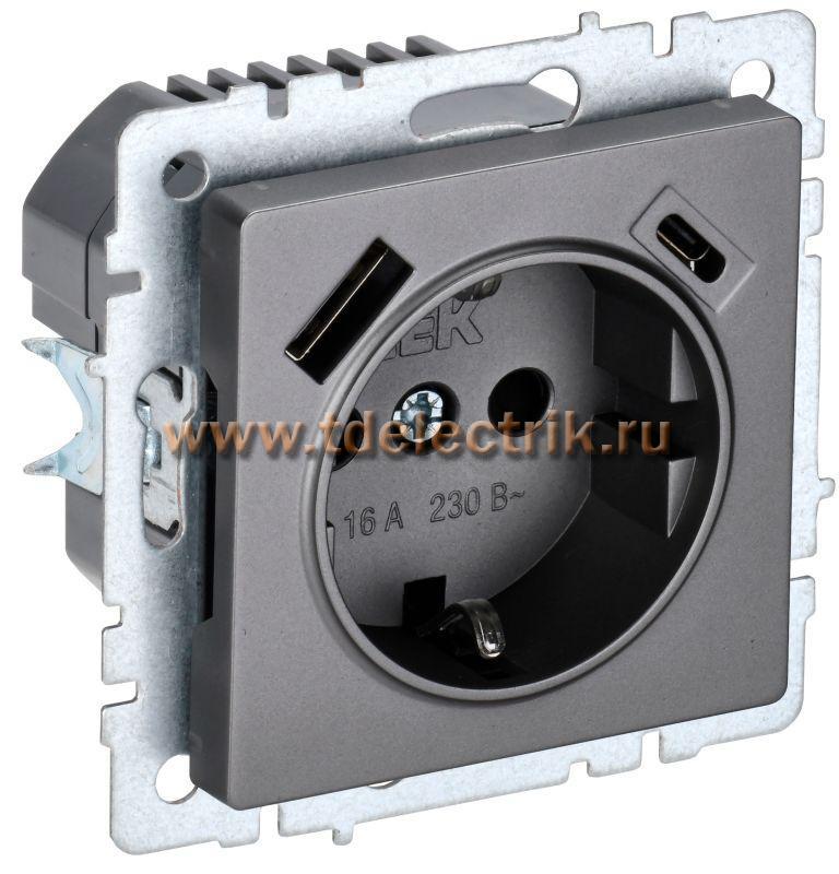 Фотография №1, BRITE Розетка с з/к/ш 16А с USB A+C 18Вт РЮш11-1-БрС сталь IEK