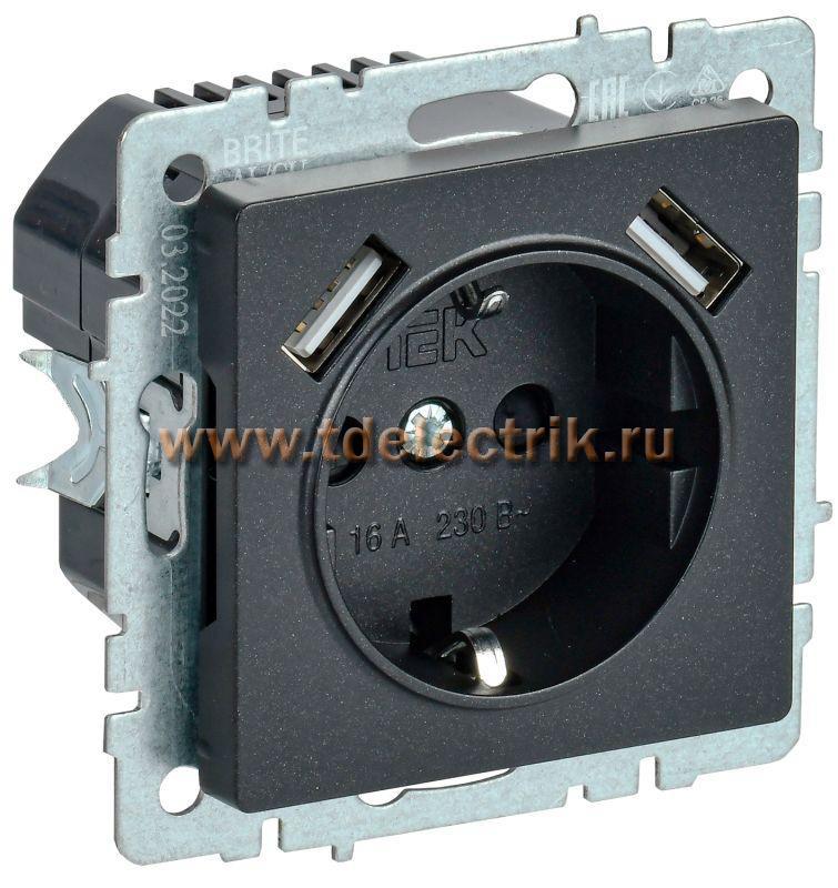 Фотография №1, BRITE Розетка с з/к/ш 16А с USB A+A 2,1А РЮш10-1-БрЧ черн. IEK