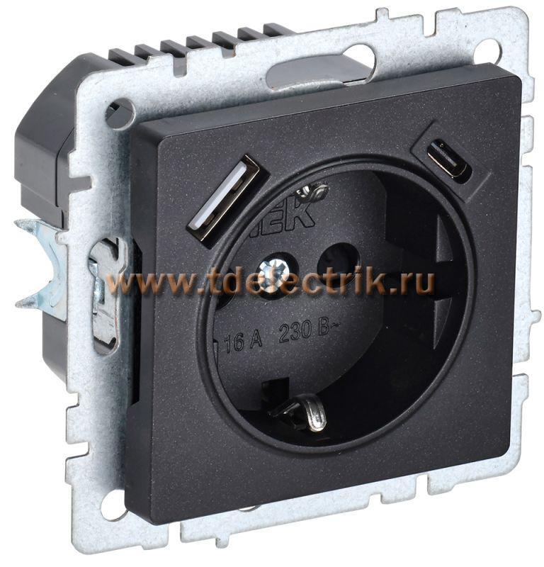 Фотография №1, BRITE Розетка с з/к/ш 16А с USB A+C 18Вт РЮш11-1-БрЧ черн. IEK