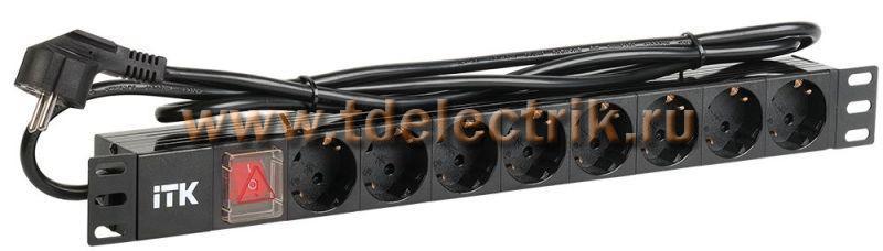Фотография №1, PDU 8 розеток DIN49440 (нем. cтанд.) с LED выключателем, 1U, шнур 2м вилка DIN49441 (нем. станд.), профиль из ПВХ, черный