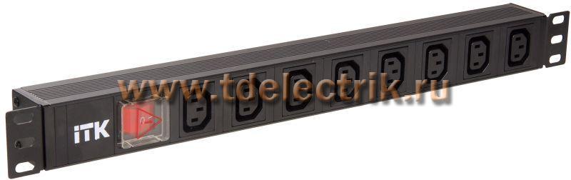 Фотография №1, PDU 8 розеток C13 с LED выключателем,1U, вх. С14, без шнура, алюминиевый профиль