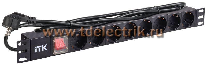 Фотография №1, PDU 8 розеток нем. стандарт, с LED выключателем,1U, шнур 2м вилка нем. стандарт, алюминиевый профиль