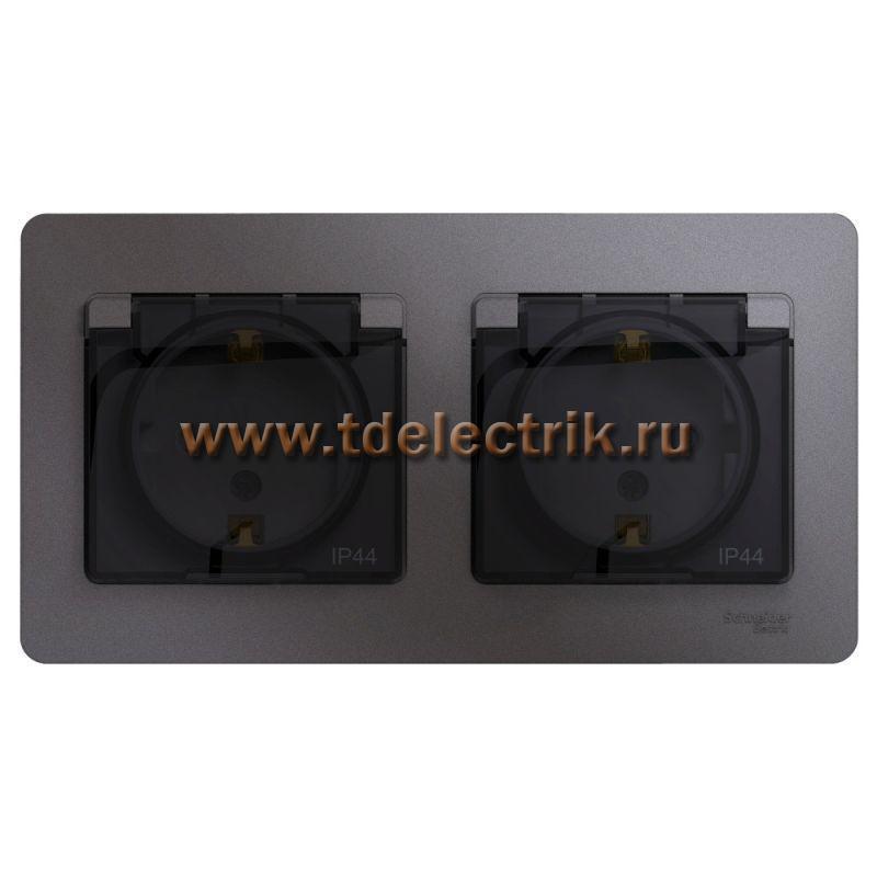 Фотография №1, GLOSSA РОЗЕТКА двойная с заземлением со шторками в сборе IP44 ГРАФИТ